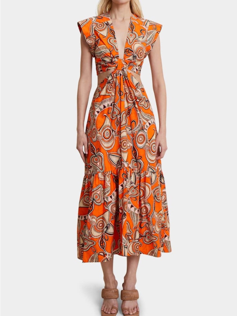 ALC Orange Paisley Print Twisted Front Cutout Midi Dress